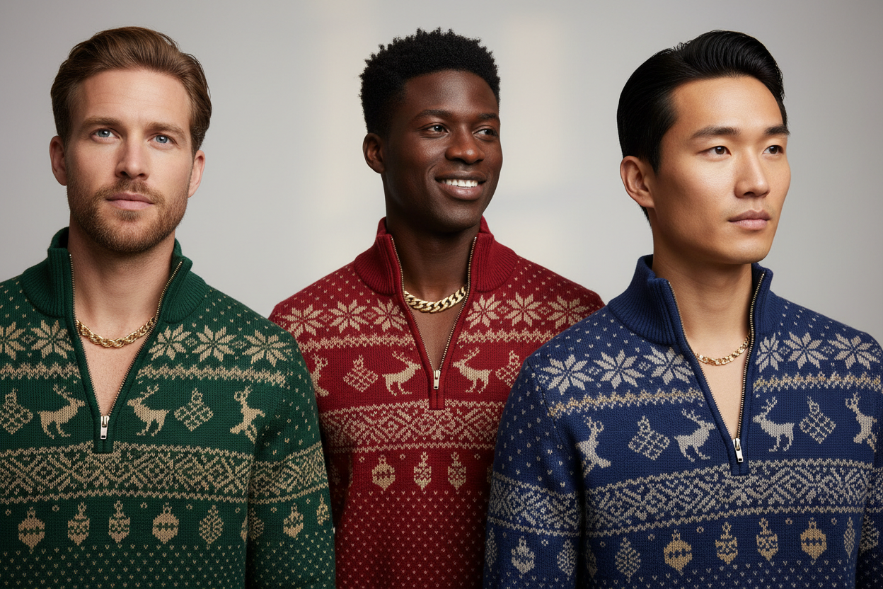 isnt the chain supposed to be under the zip? and also make one of them white and have them pose, not directly looking at the viewer