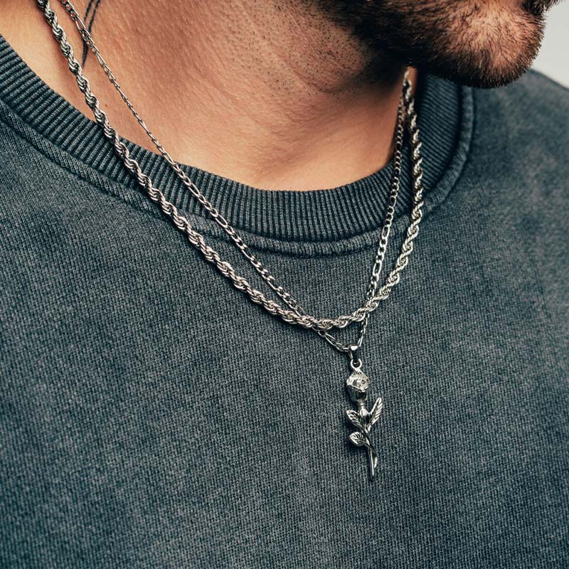 Rose Pendant + Rope Chain Set (Silver)